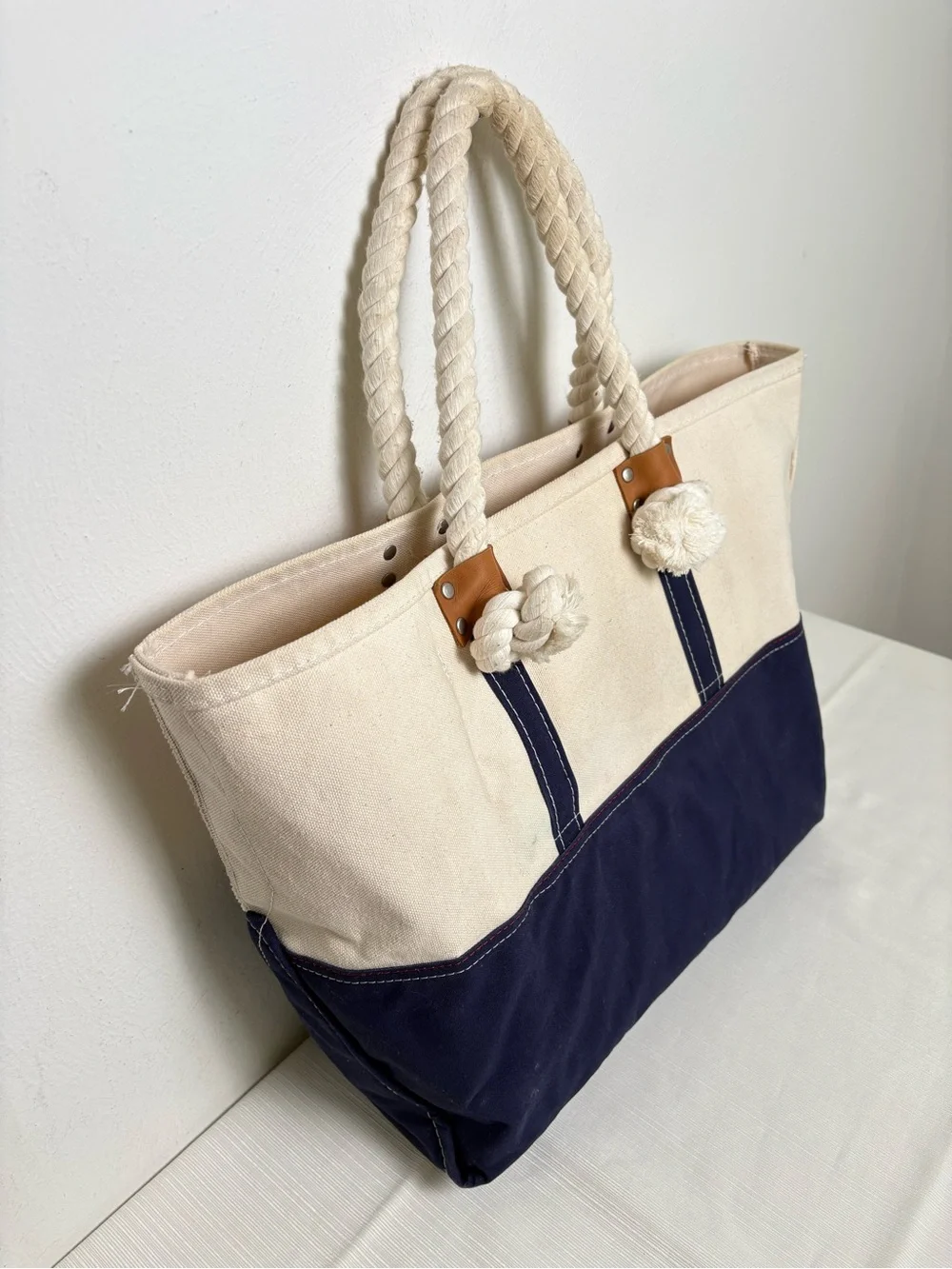 L.L. BEAN Signature Boat & Tote Canvas Bag w Rope & Leather Handles Nautical